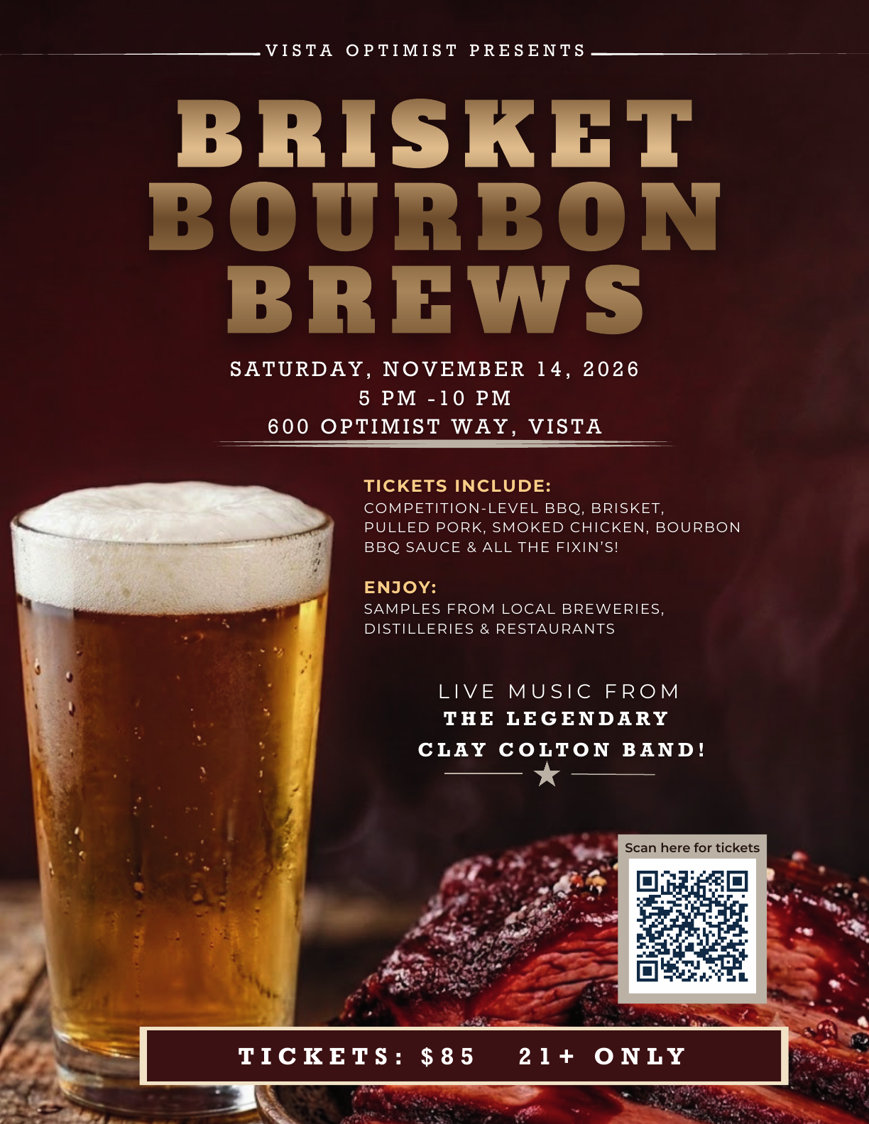 Brisket, Bourbon and Brews flyer for November 14, 2026, from 5 to 10 p.m. Tickets are 85 dollars for guests age 21 and older.